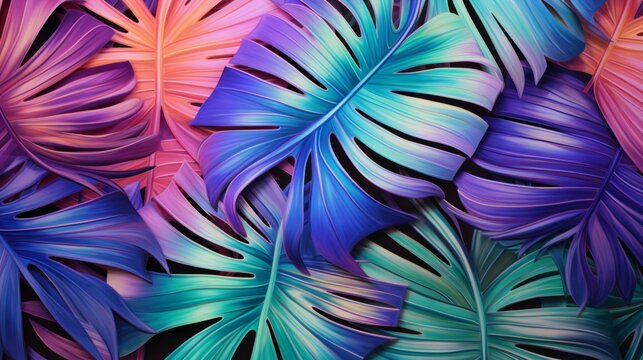A bunch of colorful tropical leaves on a black background