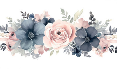 watercolor bouquet of flowers isolated, pink and gray colors
