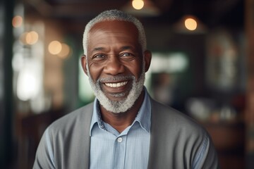 Portrait of a mature black businessman working in a modern office and looking at the camera. A middle-aged African-American, smiling handsome businessman-entrepreneur