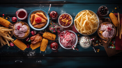 Carnival theme food table scene over a dark wood banner background. Top down view. Summer fair concept. Corn dogs, funnel cake, cotton candy and snacks, Ai generated image - obrazy, fototapety, plakaty