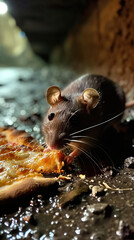 A Curious Rat Savors a Slice of Pizza in the Gritty Sewer Street, Embracing an Unlikely Culinary Adventure in the Urban Jungle - obrazy, fototapety, plakaty
