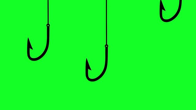 Fishing hook animation with green screen background. Fish catching animation. Lower the hook to catch lots of fish.