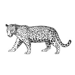 Vector hand-drawn illustration of jaguar in engraving style. Sketch of wild American animal isolated on white.