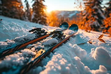 Snowy mountain landscape with skis stuck in snowdrift, ski resort in background, sunny winter day - obrazy, fototapety, plakaty