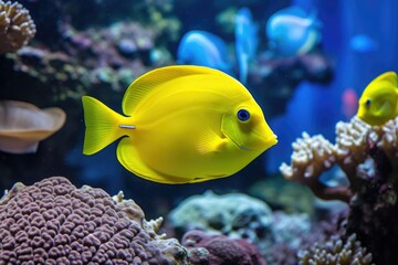 Naklejka na ściany i meble Yellow tang fish on coral reef