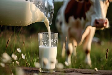 Milk from jug pouring into glass on table with cow on the meadow in the background. Glass of milk on wooden table.