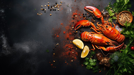 Boiled lobster with vegetables on a black stone plate. Seafood. Free space for your text. - obrazy, fototapety, plakaty