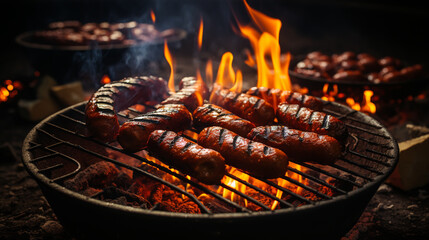 Grilled juicy sausages on a grill with fire. Shallow depth of field - obrazy, fototapety, plakaty
