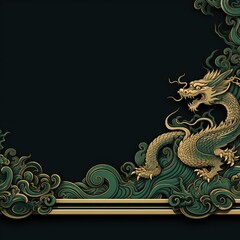 Green Wooden Dragon year border flat style on black background Generative AI 
