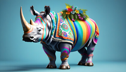Rhinoceros dressed in hippy clothes. Humanization of animals concept
