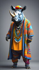 Obraz premium Rhinoceros dressed in hippy clothes. Humanization of animals concept