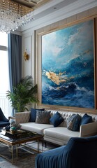 Interior Space with Artwork.
Elegant Living Room with Ocean Painting.