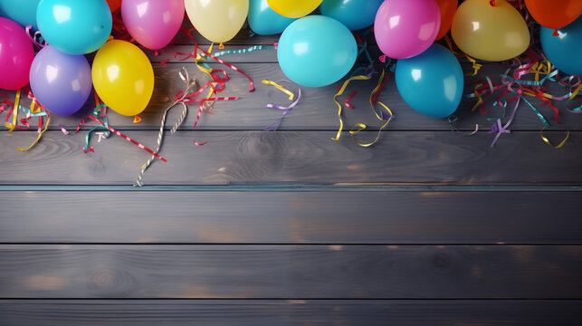 Colorful birthday or carnival background top view copy space in background, Ai generated image