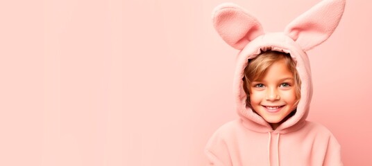 Obraz na płótnie Canvas Cheerful child in a funny suit with bunny ears isolated on pink background, laughing boy in an Easter suit looking at camera, horizontal banner, copy space for text