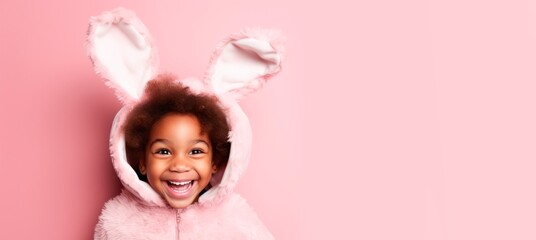 Fototapeta premium Cheerful child in a funny suit with bunny ears isolated on pink background, laughing boy in an Easter suit looking at camera, horizontal banner, copy space for text