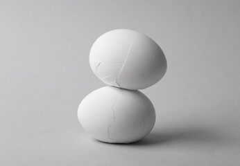 Minimalistic still life with a stack of two broken eggs