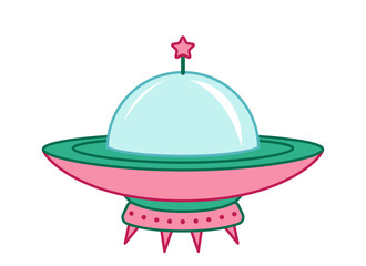 Pink green flying saucer with star antenna. Cartoon, vector