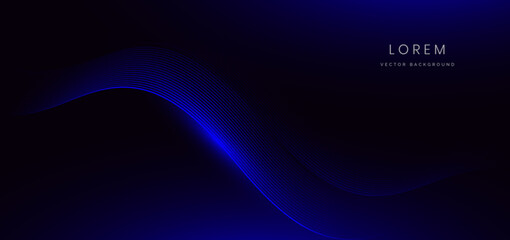 Abstract futuristic curved glowing blue light lines on black background.