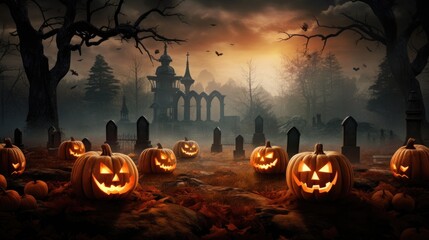 Halloween pumpkin head jack lantern with burning candles, Spooky Forest with a full moon and wooden table, Pumpkins In Graveyard In The Spooky Nigh