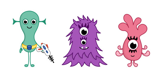 Obraz premium Extraterrestrial and space monsters. Pink, green, purple aliens. Cartoon, vector