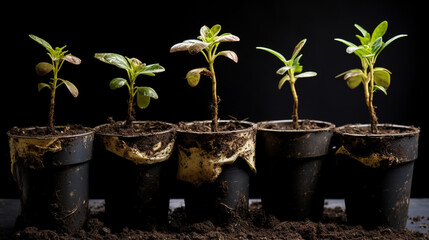 Potted flower seedlings growing in biodegradable peat moss pots on wooden background. Zero waste, recycling, plastic free gardening concept
