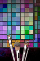 Bright eye shadow, blush brushes, explosion of multicolored powder dust on black background. Highly...
