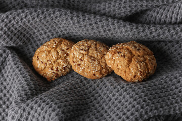 Cereal cookies on gray fabric blanket