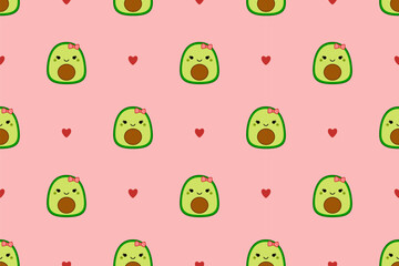 Pink pattern with cute avocados. Squishmallow. Avocado girl. Kawaii, Vector