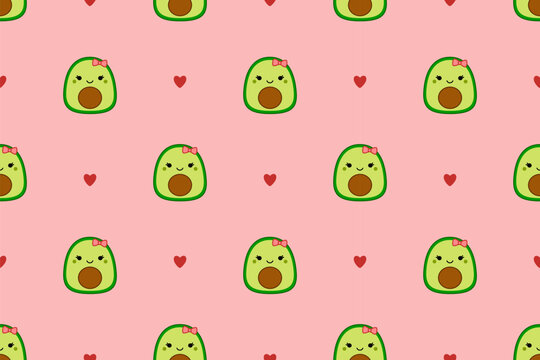 Pink pattern with cute avocados. Squishmallow. Avocado girl. Kawaii, Vector