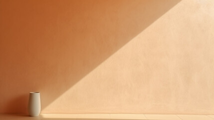 Biege background with shadow on the wall. Showcase, empty space for ad text on pastel light background.