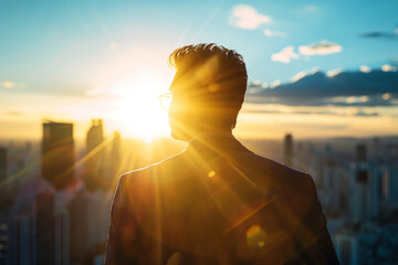 Silhouette of business man looking at the city from the rooftop. - obrazy, fototapety, plakaty