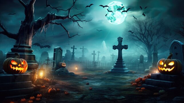 Halloween Scene - Party Of Pumpkins And Zombies In Graveyard At Moonlight