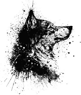 Wolf head tattoo splatter black sketch illustration