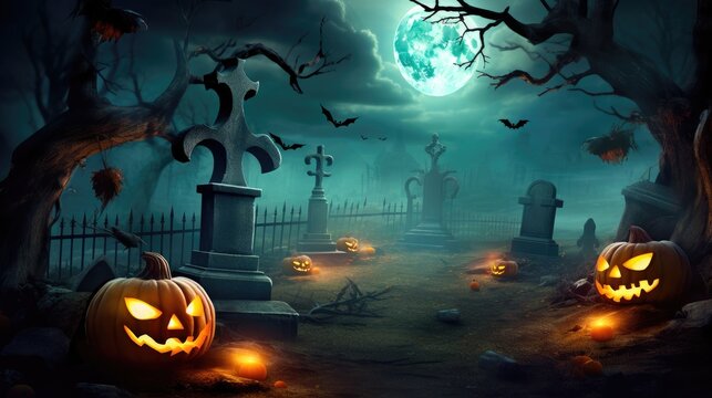 Halloween Scene - Party Of Pumpkins And Zombies In Graveyard At Moonlight