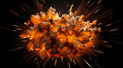 Fiery bomb explosion with sparks isolated on black background - obrazy, fototapety, plakaty