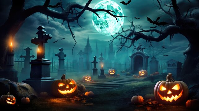 Jack_O_Lanterns In Graveyard In The Spooky Night Halloween Background