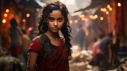 front view of a Indian girl, in the area of slum