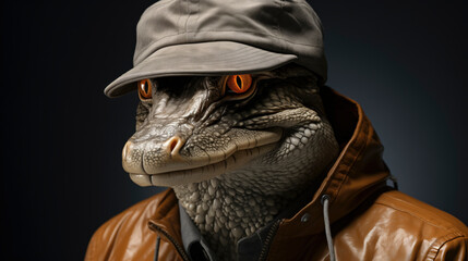 Close-Up Of a funny crocodile  Wearing Hat and  brown leather jacket - obrazy, fototapety, plakaty