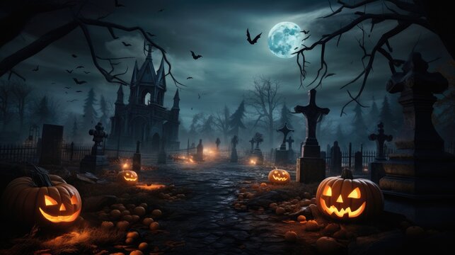 Jack_O_Lanterns In Graveyard In The Spooky Night Halloween Background
