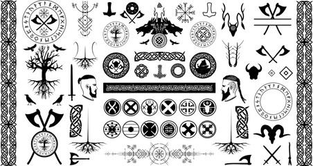 Großes Vektor Set - Wikinger Symbole, Runen, Ornamente und Grafiken - Nordische Mythologie - obrazy, fototapety, plakaty