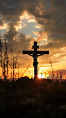 Silhouette of Jesus with a Cross Over Calvary, Set Against a Serene Sunset. The Holy Cross Symbolizes the Profound Journey of Suffering, Death, and Resurrection of Jesus Christ.  Jesus, He is Risen