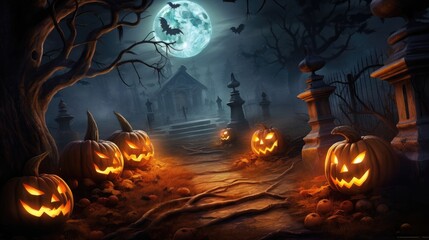 Jack_O_Lanterns In Graveyard In The Spooky Night Halloween Background