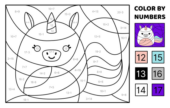 Unicorn. Solve the problem, color the picture. Addition, Subtraction. Coloring book. Vector