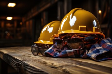 Safety hat and goggles resting on wood, construction site photo - obrazy, fototapety, plakaty