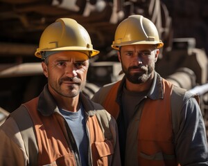 Two builders in hard hats and work gear stand in a construction site, construction image