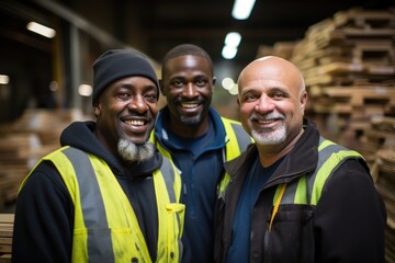 Three diverse construction workers happily smile at the camera in a warehouse, construction image