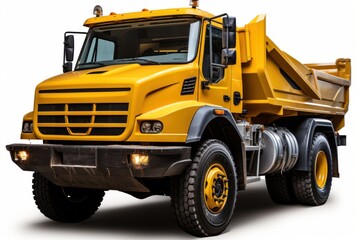 Vibrant yellow dump truck against a pure white backdrop, construction site photo