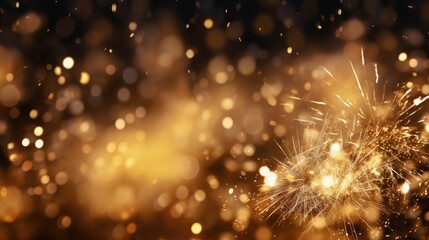 Gold sparkle particles abstract Background.Christmas Golden light shine particles bokeh on navy black background. Holiday concept