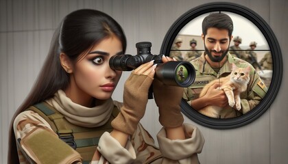 a military girl looks through the scope and is surprised that another soldier has a cat