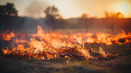 Dry grass burns on meadow in countryside at sunset. Wild fire burning dry grass in field. Orange flames and billowing smoke. Open fire. - obrazy, fototapety, plakaty
